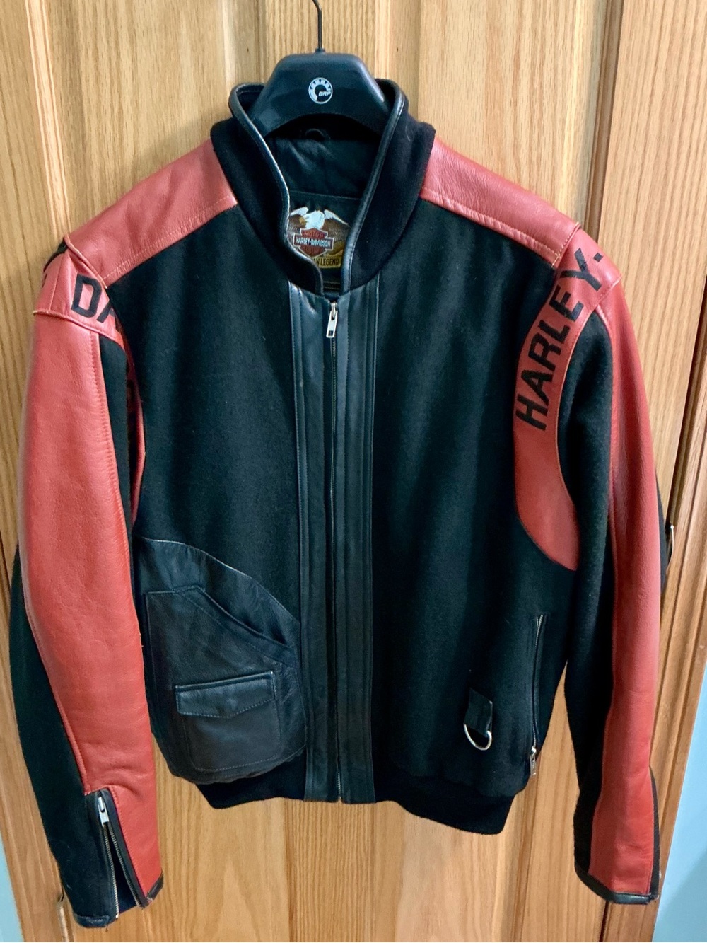 Harley-Davidson Black and Orange Wool-Leather Bomber Jacket, Size M